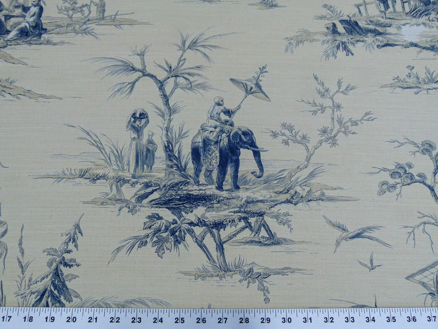 Scalamandre Voyage En Chine Print Bleu Chinoiserie Asian Garden Elephant Blue Beige MSRP USD 388/y