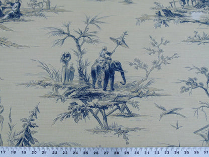 Scalamandre Voyage En Chine Print Bleu Chinoiserie Asian Garden Elephant Blue Beige MSRP USD 388/y