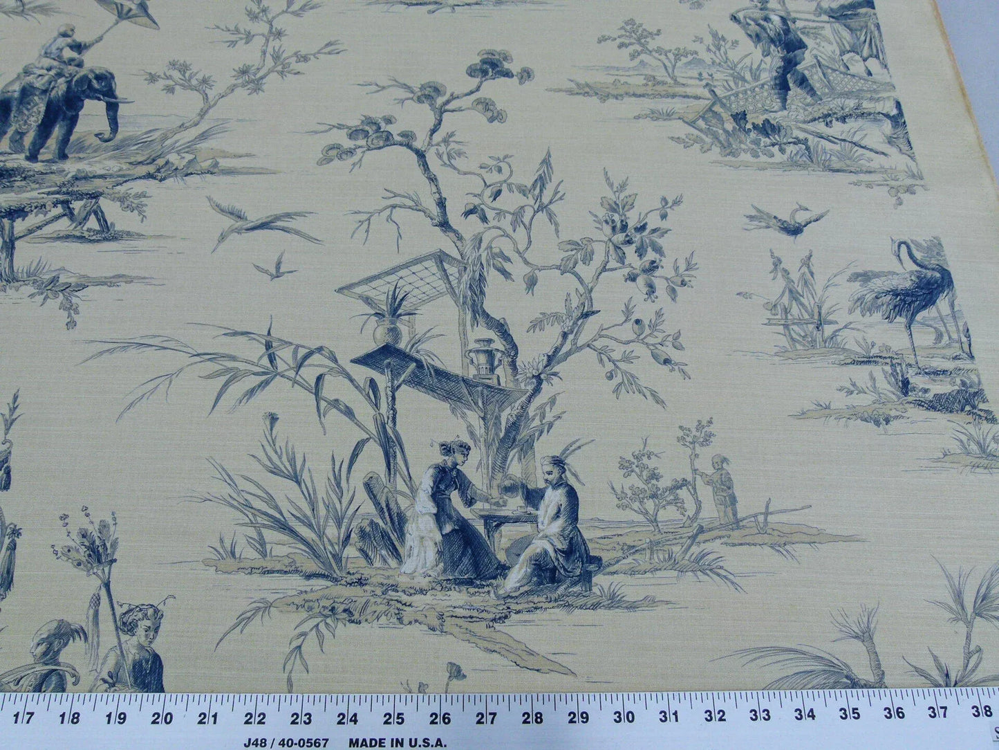 Scalamandre Voyage En Chine Print Bleu Chinoiserie Asian Garden Elephant Blue Beige MSRP USD 388/y