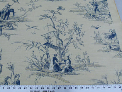 Scalamandre Voyage En Chine Print Bleu Chinoiserie Asian Garden Elephant Blue Beige MSRP USD 388/y