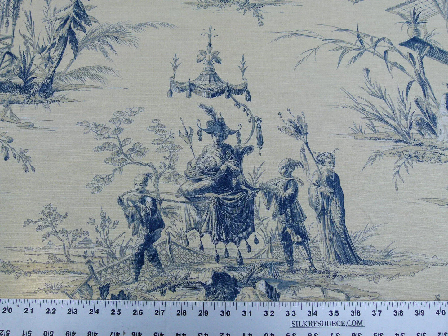 Scalamandre Voyage En Chine Print Bleu Chinoiserie Asian Garden Elephant Blue Beige MSRP USD 388/y