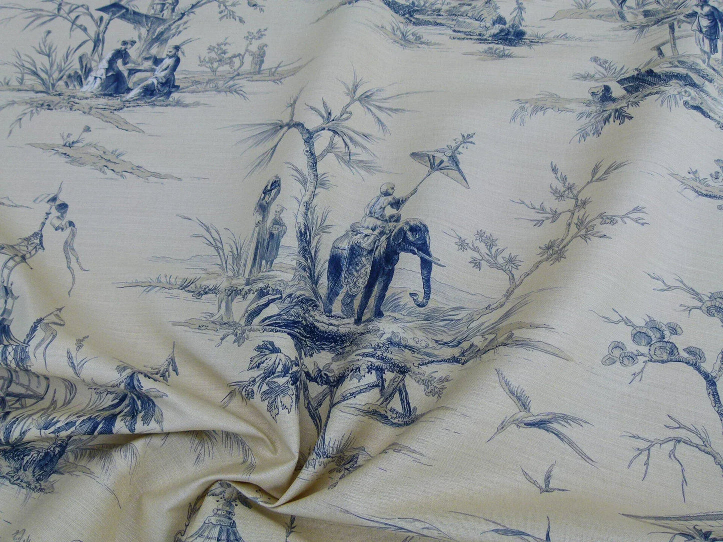 Scalamandre Voyage En Chine Print Bleu Chinoiserie Asian Garden Elephant Blue Beige MSRP USD 388/y