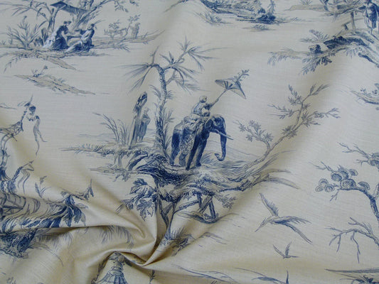 Scalamandre Voyage En Chine Print Bleu Chinoiserie Asian Garden Elephant Blue Beige MSRP USD 388/y