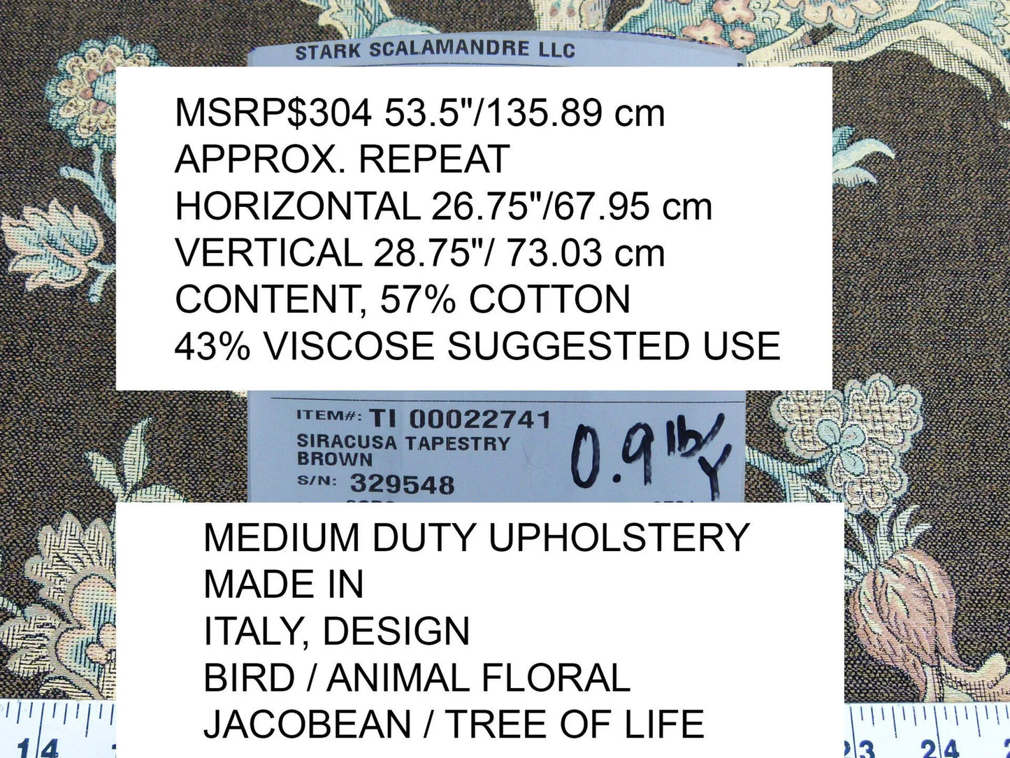 Scalamandre Siracusa Tapestry Brown Floral Jacobean MSRP USD 304