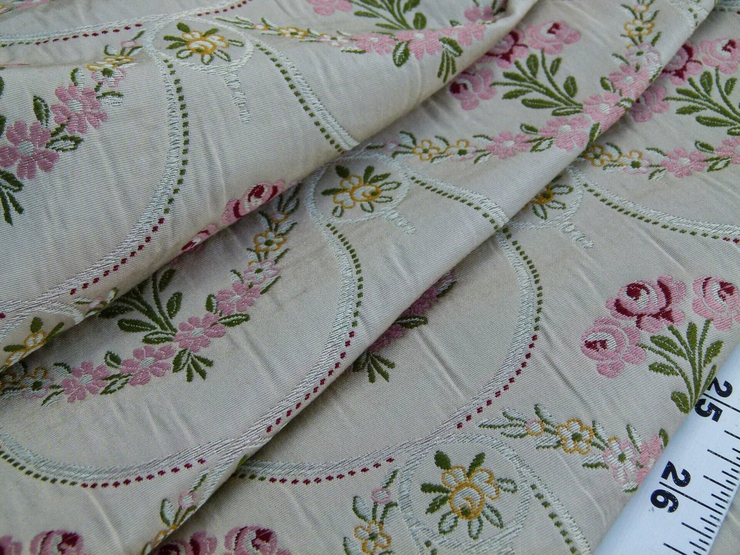 Scalamandre Pompadour Silk Lampas Multi On Beige Floral Pink Green Mustard Pearl French Court MSRP USD 476