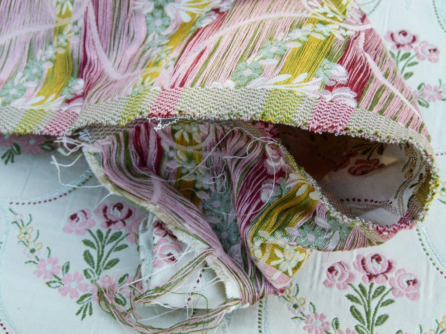 Scalamandre Pompadour Silk Lampas Multi On Beige Floral Pink Green Mustard Pearl French Court MSRP USD 476