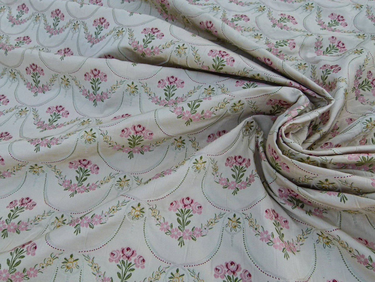 Scalamandre Pompadour Silk Lampas Multi On Beige Floral Pink Green Mustard Pearl French Court MSRP USD 476