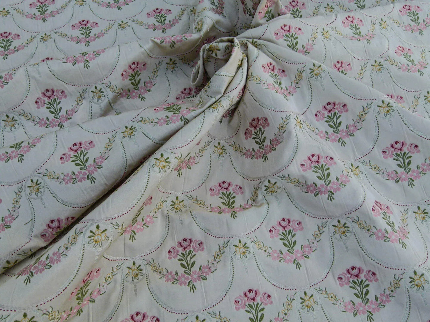Scalamandre Pompadour Silk Lampas Multi On Beige Floral Pink Green Mustard Pearl French Court MSRP USD 476