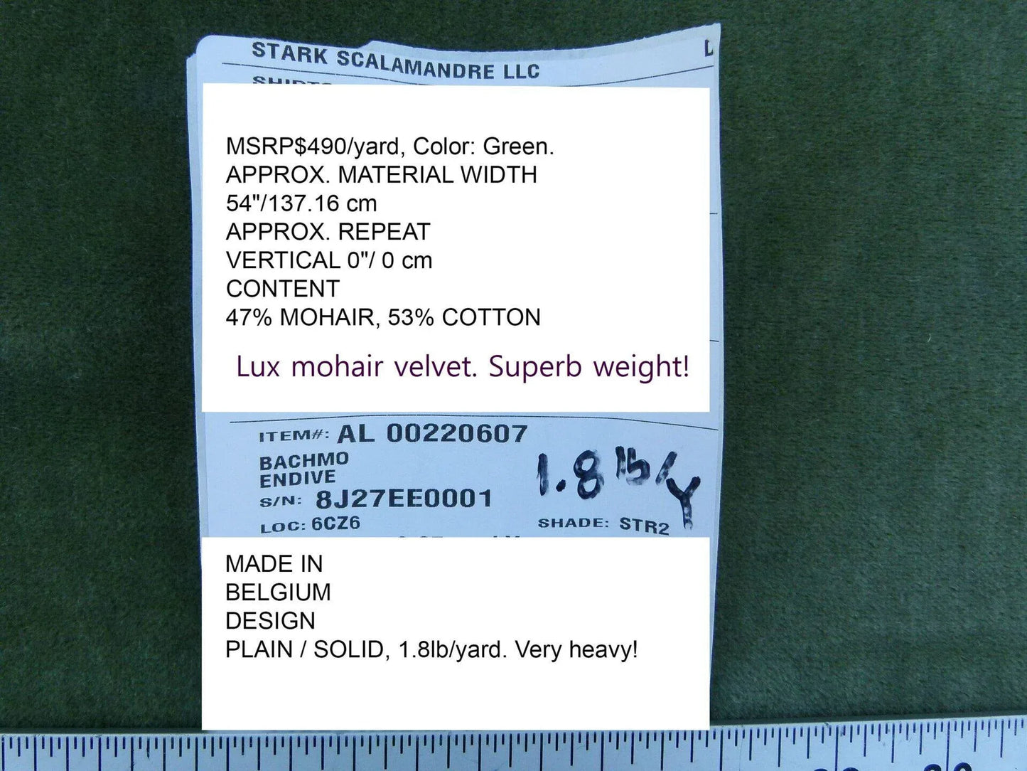 Scalamandre Bachmo Endive Lux Mohair Velvet Green MSRP USD 490/Y