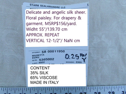Scalamandre Musetta Ecru Delicate And Angelic Silk Sheer Floral Paisley White MSRP USD 156/y