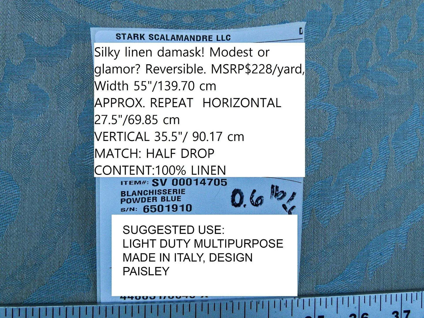 Scalamandre Old World Weavers  Blanchisserie Powder Blue Linen Paisley Jacquards Woven MSRP USD 228/y