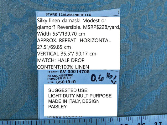 Scalamandre Old World Weavers  Blanchisserie Powder Blue Linen Paisley Jacquards Woven MSRP USD 228/y