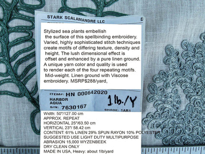 Scalamandre Harbor Aqua Seaweeds Ocean Plants Embroidery Blue White Green MSRP USD 288