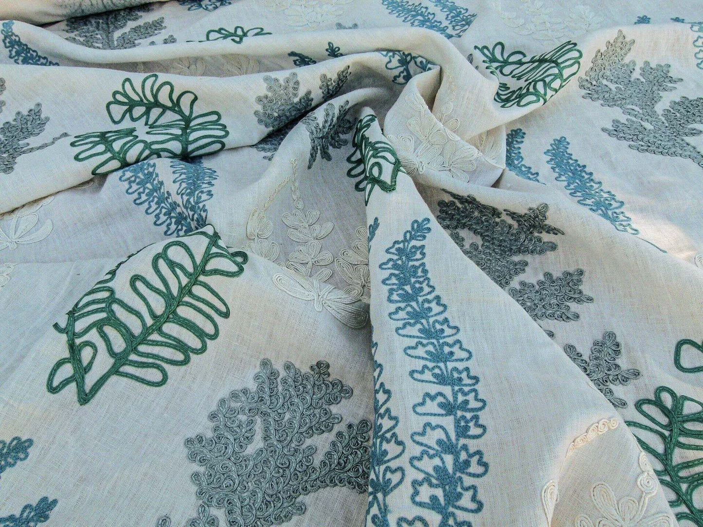 Scalamandre Harbor Aqua Seaweeds Ocean Plants Embroidery Blue White Green MSRP USD 288