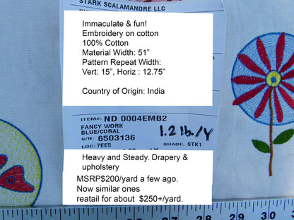 0.94Y Scalamandre Fancy Work Blue/coral On White Modern Flower Power Embroidery MSRP USD 200/yard