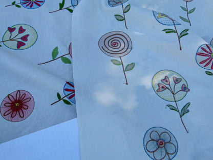 0.94Y Scalamandre Fancy Work Blue/coral On White Modern Flower Power Embroidery MSRP USD 200/yard