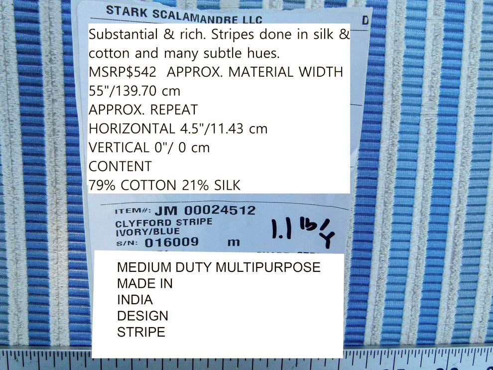 Scalamandre Clyfford Stripe Ivory/blue White Small Scale Silk Stripe MSRP USD 542