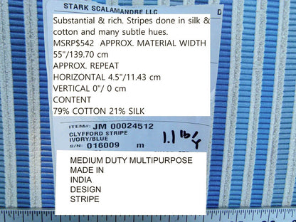 Scalamandre Clyfford Stripe Ivory/blue White Small Scale Silk Stripe MSRP USD 542