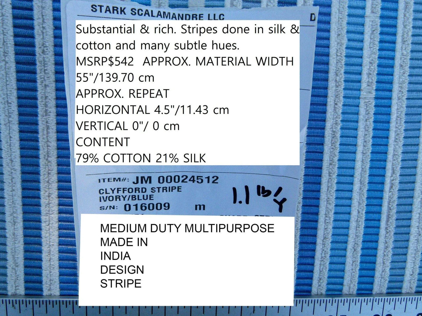 Scalamandre Clyfford Stripe Ivory/blue White Small Scale Silk Stripe MSRP USD 542