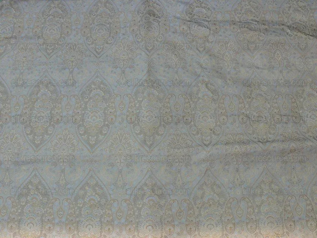 by yard 100%silk Lampas Petite Cashmere Paisley "whiskey" Blue Brown Gold
