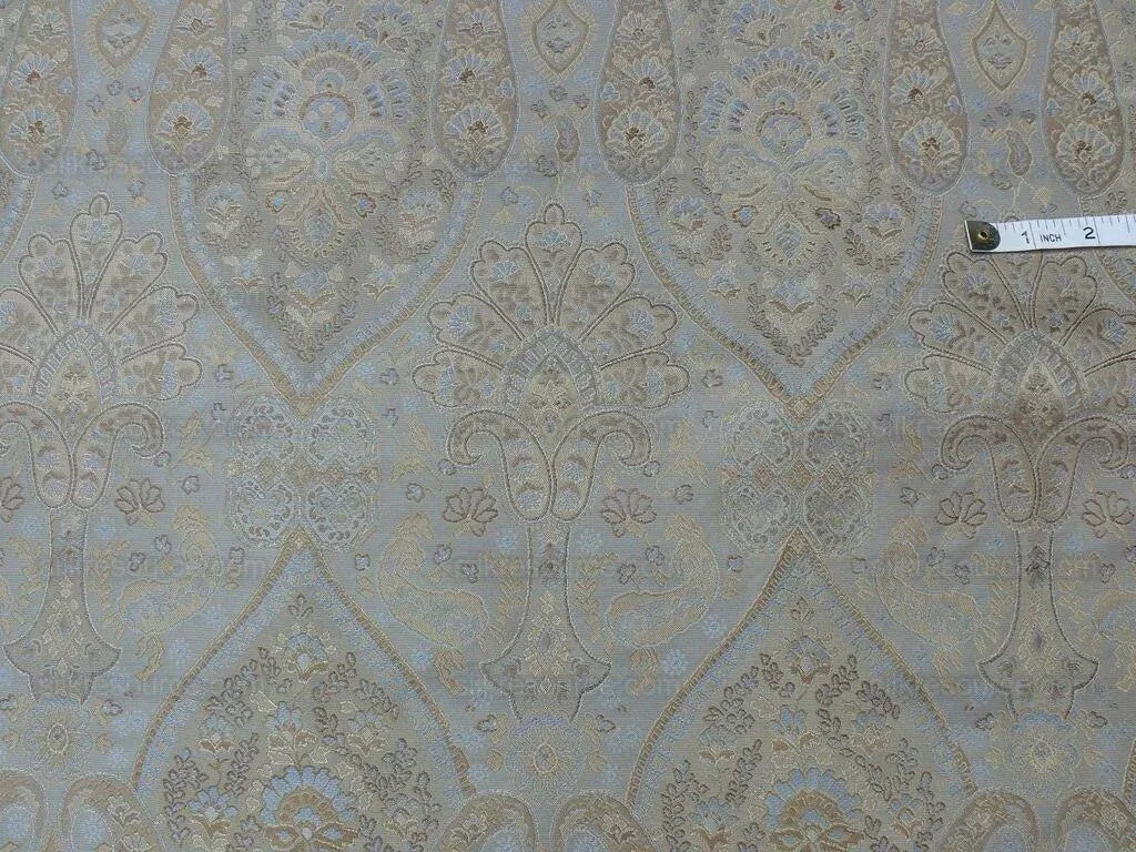 by yard 100%silk Lampas Petite Cashmere Paisley "whiskey" Blue Brown Gold