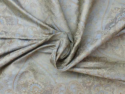 by yard 100%silk Lampas Petite Cashmere Paisley "whiskey" Blue Brown Gold
