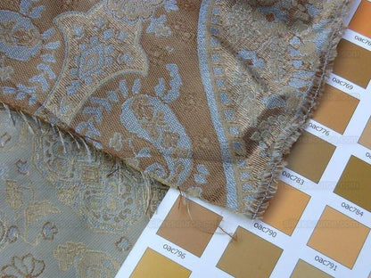 by yard 100%silk Lampas Petite Cashmere Paisley "whiskey" Blue Brown Gold