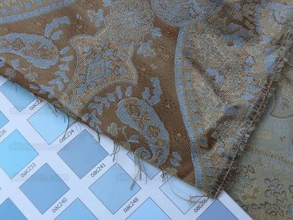 by yard 100%silk Lampas Petite Cashmere Paisley "whiskey" Blue Brown Gold
