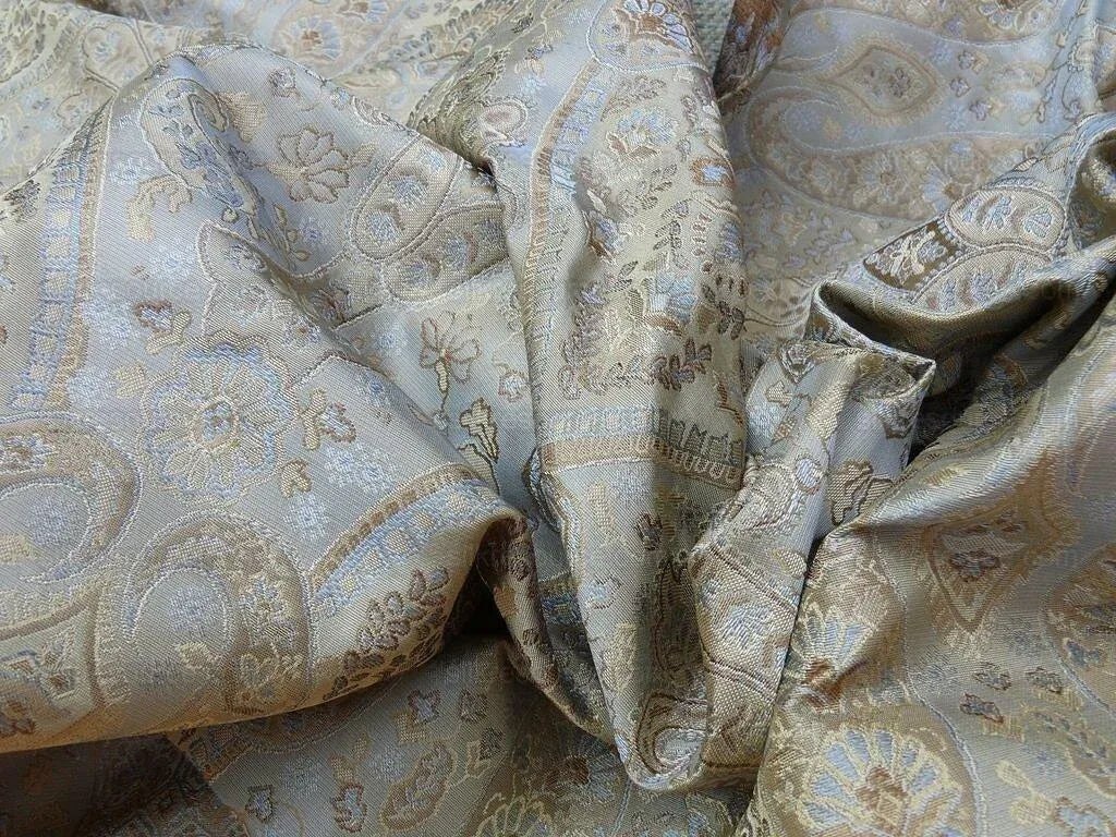 by yard 100%silk Lampas Petite Cashmere Paisley "whiskey" Blue Brown Gold