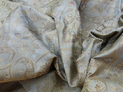 by yard 100%silk Lampas Petite Cashmere Paisley "whiskey" Blue Brown Gold