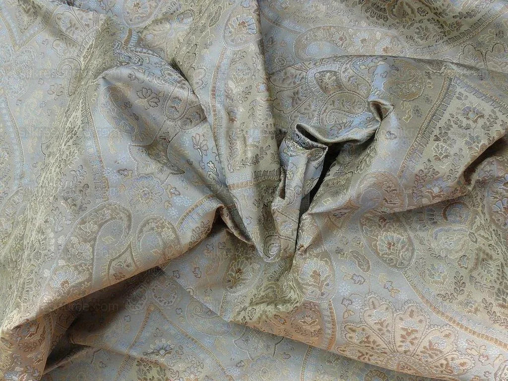 by yard 100%silk Lampas Petite Cashmere Paisley "whiskey" Blue Brown Gold