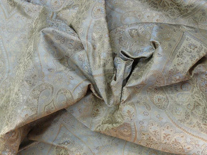 by yard 100%silk Lampas Petite Cashmere Paisley "whiskey" Blue Brown Gold