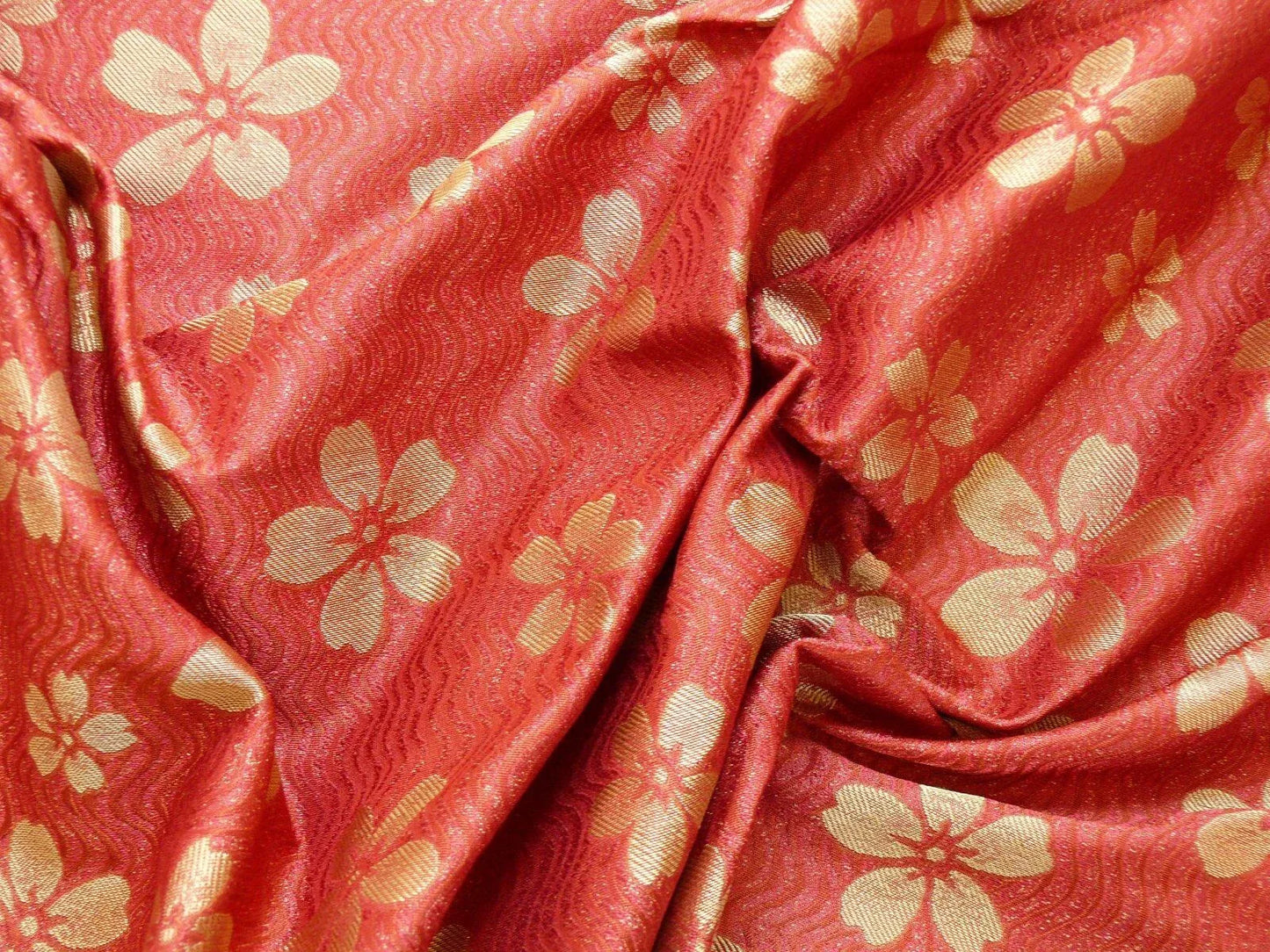 By Yard 100% Silk Damask Cherry Blossom on Creek “Crimson” Red White Light Gold Japanese Kimono
