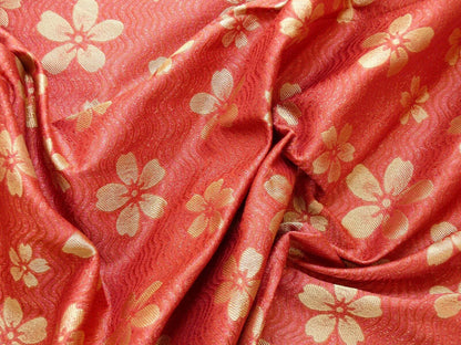 By Yard 100% Silk Damask Cherry Blossom on Creek “Crimson” Red White Light Gold Japanese Kimono