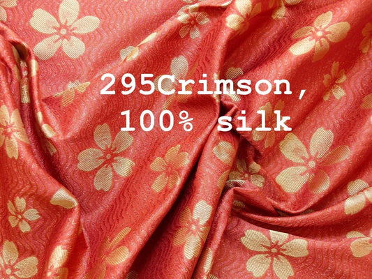 By Yard 100% Silk Damask Cherry Blossom on Creek “Crimson” Red White Light Gold Japanese Kimono