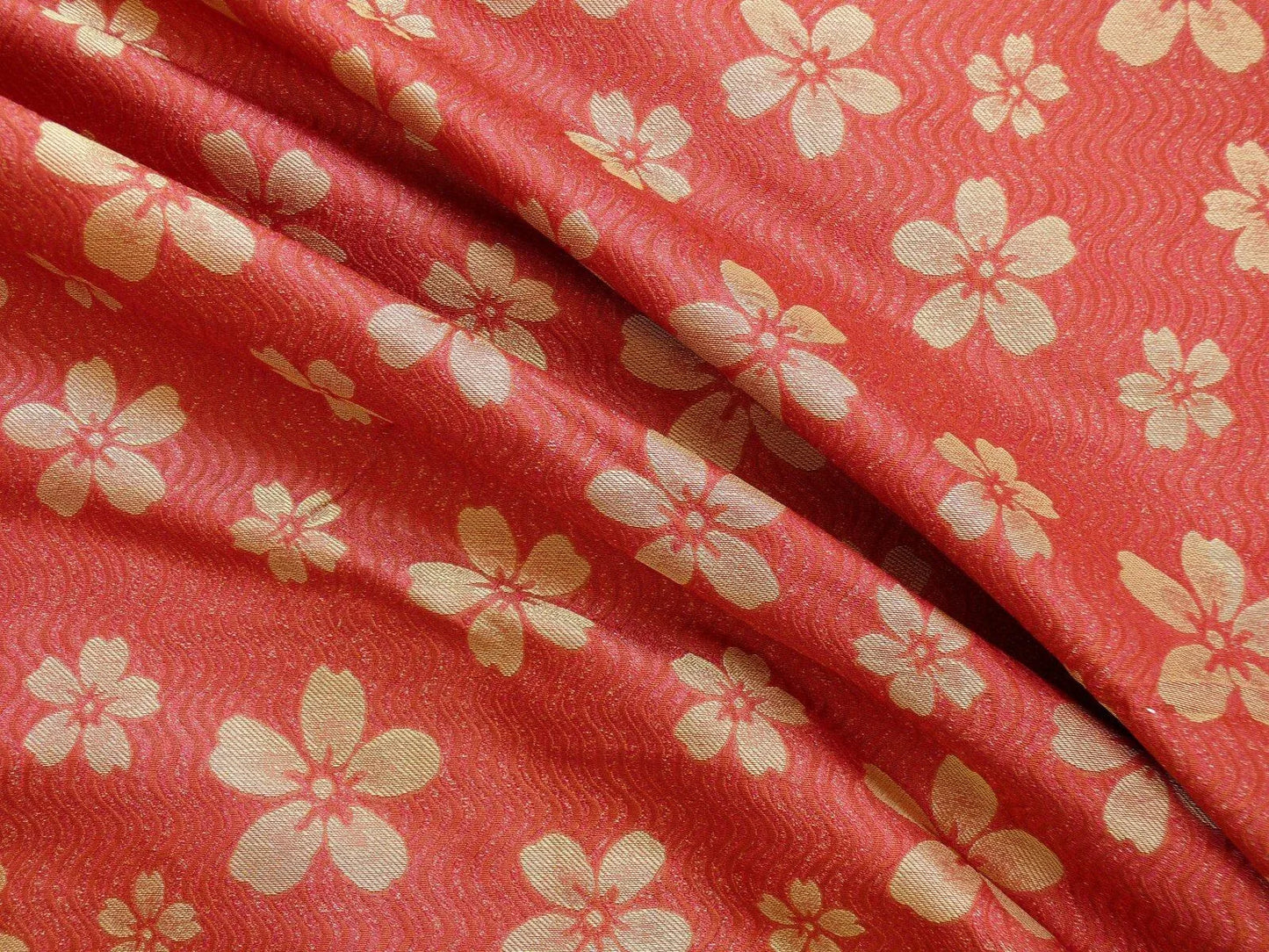 By Yard 100% Silk Damask Cherry Blossom on Creek “Crimson” Red White Light Gold Japanese Kimono