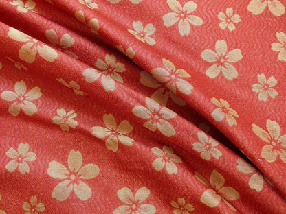 By Yard 100% Silk Damask Cherry Blossom on Creek “Crimson” Red White Light Gold Japanese Kimono