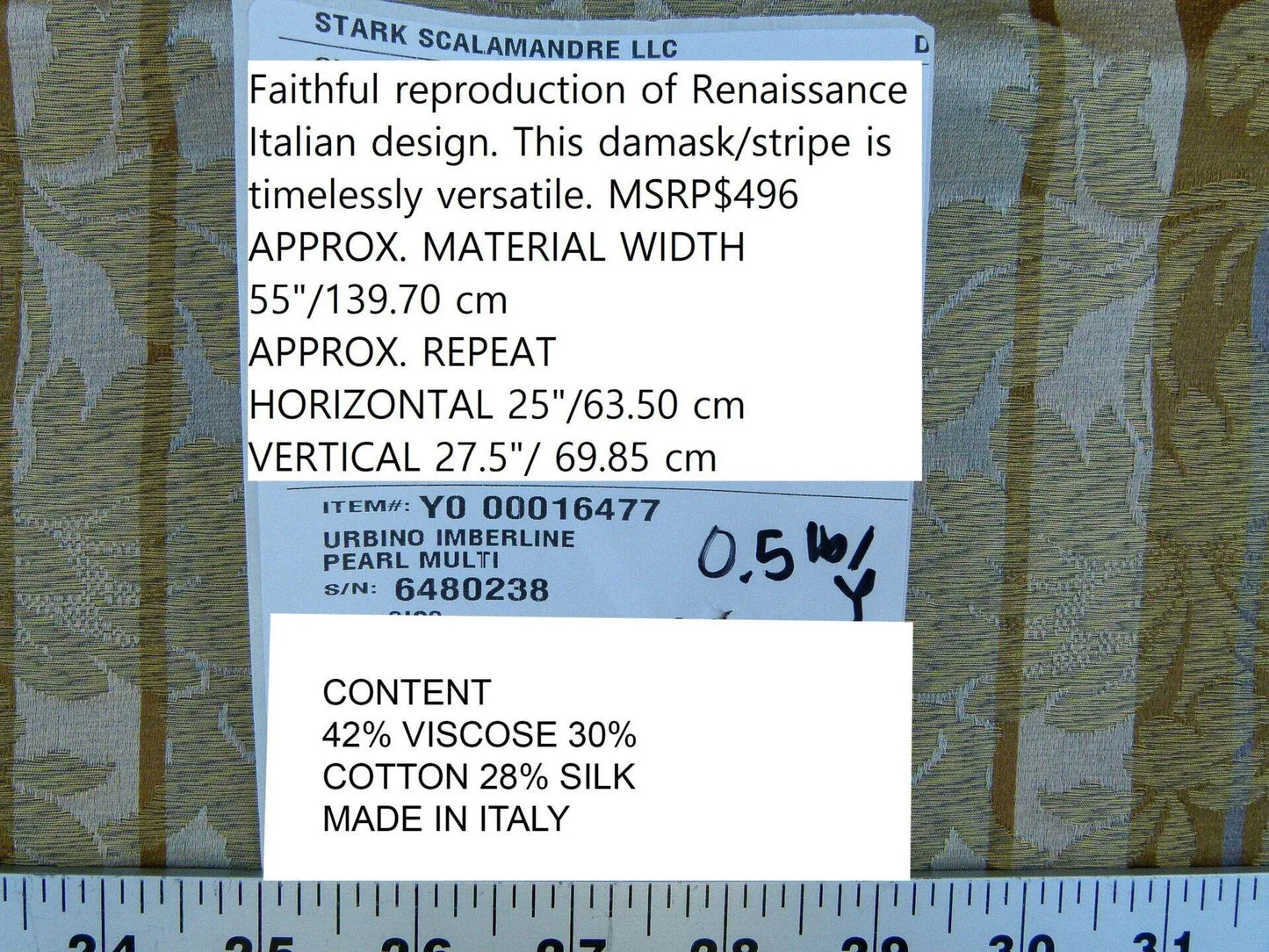 Scalamandre Urbino Imberline Pearl Multi Traditional Damask Stripe Gold MSRP USD 496/y