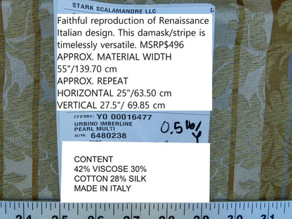 Scalamandre Urbino Imberline Pearl Multi Traditional Damask Stripe Gold MSRP USD 496/y