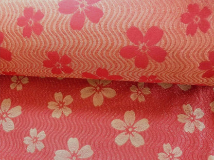 By Yard 100% Silk Damask Cherry Blossom on Creek “Crimson” Red White Light Gold Japanese Kimono