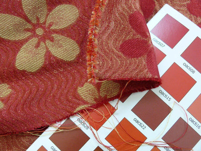 By Yard 100% Silk Damask Cherry Blossom on Creek “Crimson” Red White Light Gold Japanese Kimono