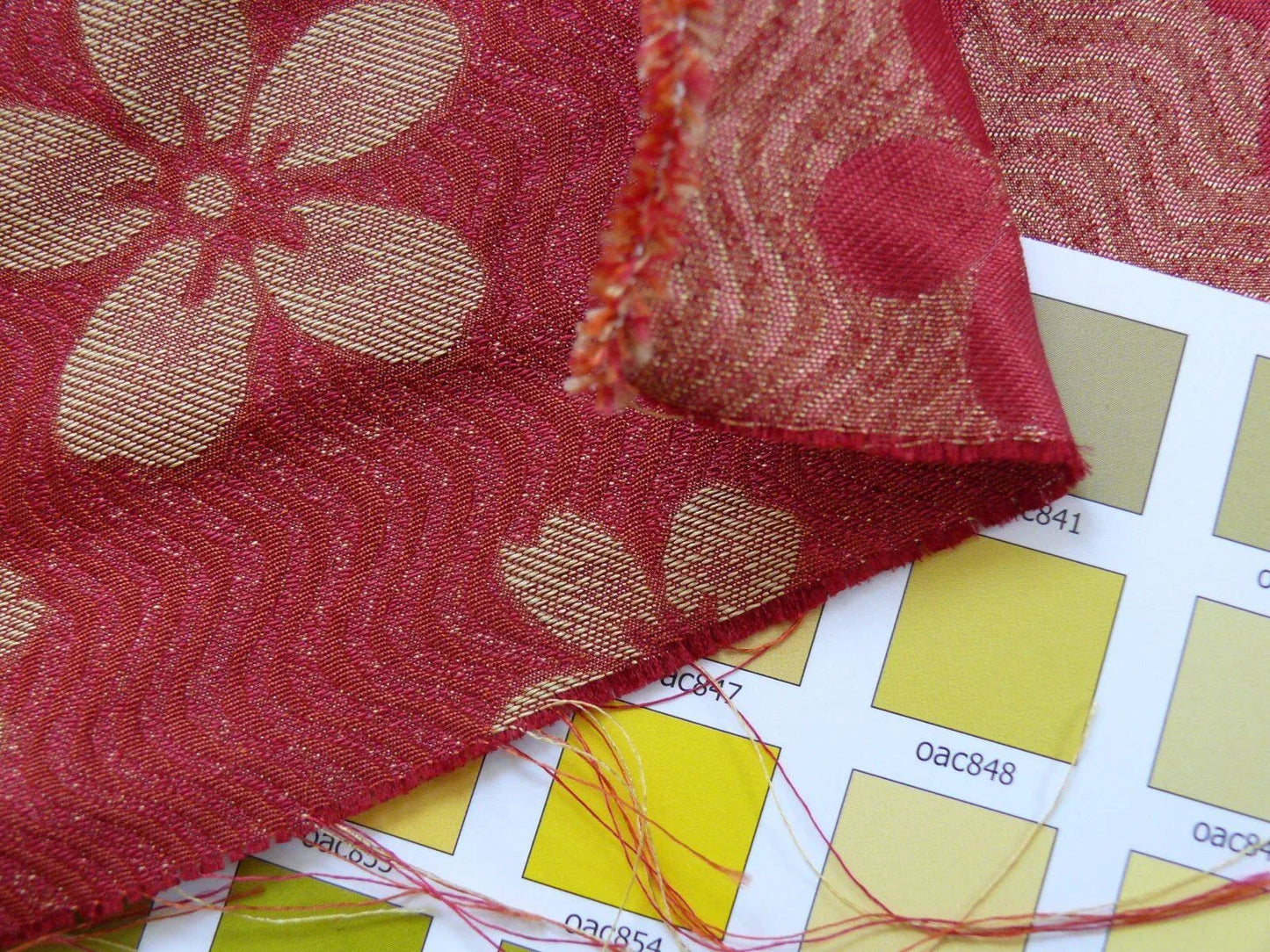 By Yard 100% Silk Damask Cherry Blossom on Creek “Crimson” Red White Light Gold Japanese Kimono