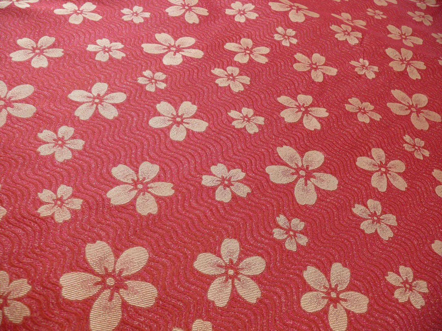 By Yard 100% Silk Damask Cherry Blossom on Creek “Crimson” Red White Light Gold Japanese Kimono