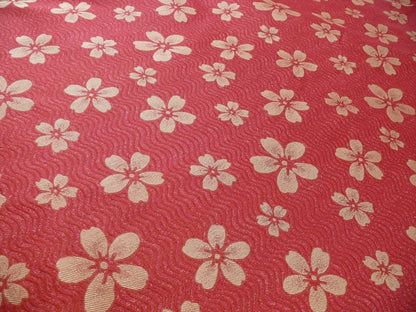By Yard 100% Silk Damask Cherry Blossom on Creek “Crimson” Red White Light Gold Japanese Kimono
