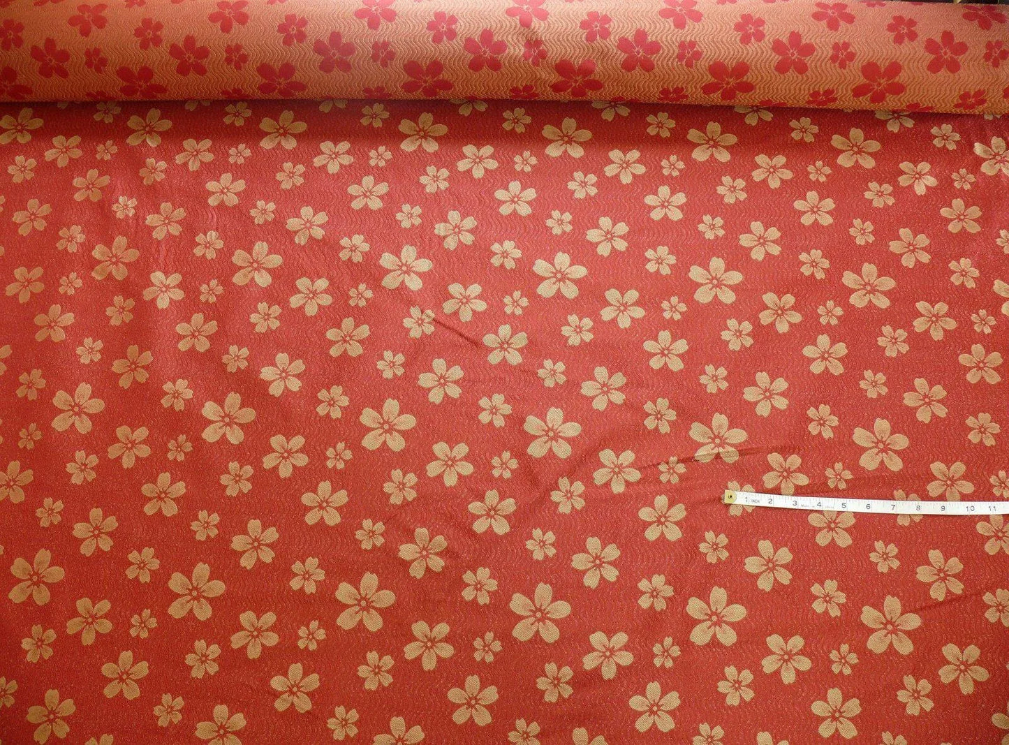 By Yard 100% Silk Damask Cherry Blossom on Creek “Crimson” Red White Light Gold Japanese Kimono