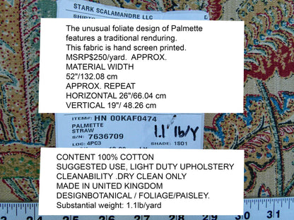 Scalamandre Palmette Straw Hand Screen Printed Palm Foliage Yellow MSRP USD 250