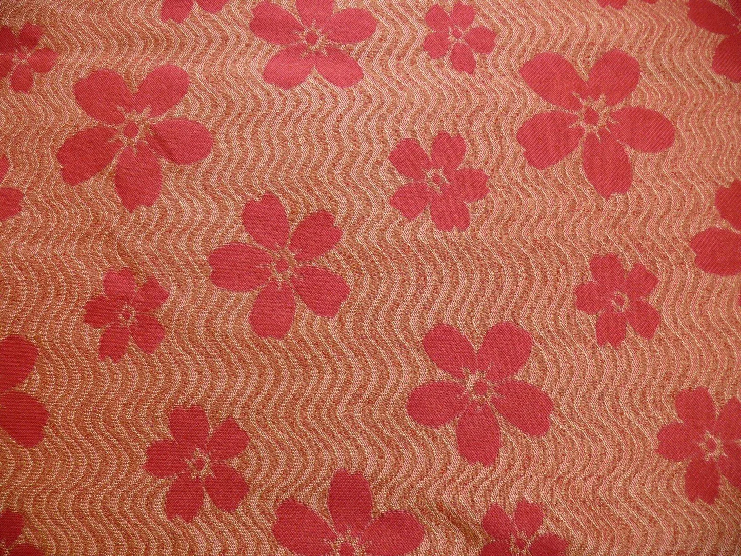 By Yard 100% Silk Damask Cherry Blossom on Creek “Crimson” Red White Light Gold Japanese Kimono