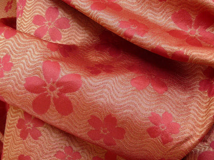 By Yard 100% Silk Damask Cherry Blossom on Creek “Crimson” Red White Light Gold Japanese Kimono