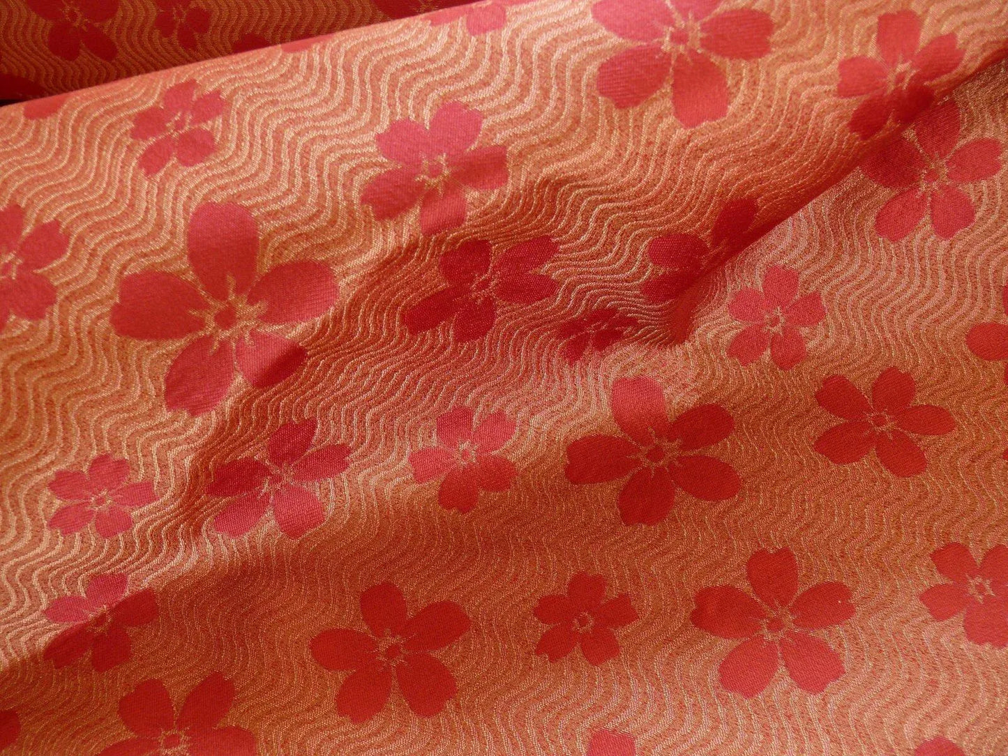 By Yard 100% Silk Damask Cherry Blossom on Creek “Crimson” Red White Light Gold Japanese Kimono
