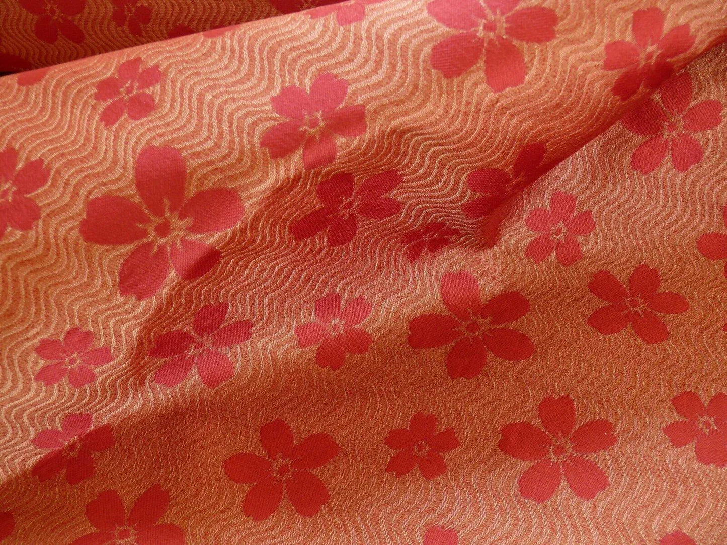 By Yard 100% Silk Damask Cherry Blossom on Creek “Crimson” Red White Light Gold Japanese Kimono